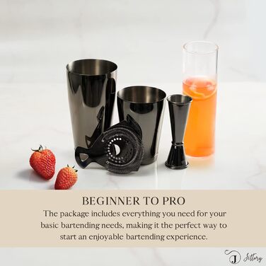 Boston Shaker Set - 4-Piece Cocktail Shaker Kit with 18/28 oz Boston Shaker Stainless Steel, Hawthorne Strainer, and Jigger, in a Stylish Gift Box - Ideal for Home Bar Use (Black).