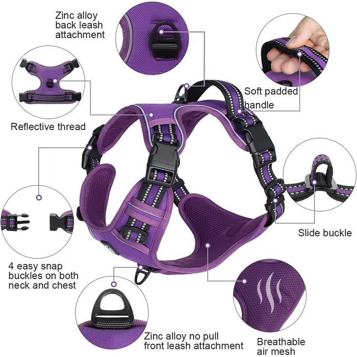 Нашийник для собак No-Pull, грудна шлейка для малих, середніх та великих собак - м'яка, дихаюча, регульована, світловідбиваюча, анти-тяга з м'яким гачком, фіолетовий M