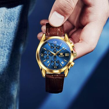 Чоловічий годинник OLEVS Vintage з шкіряним ремінцем, велике циферблат, водостійкий, аналоговий годинник з датою (2872, блакитний циферблат/коричневий ремінець)