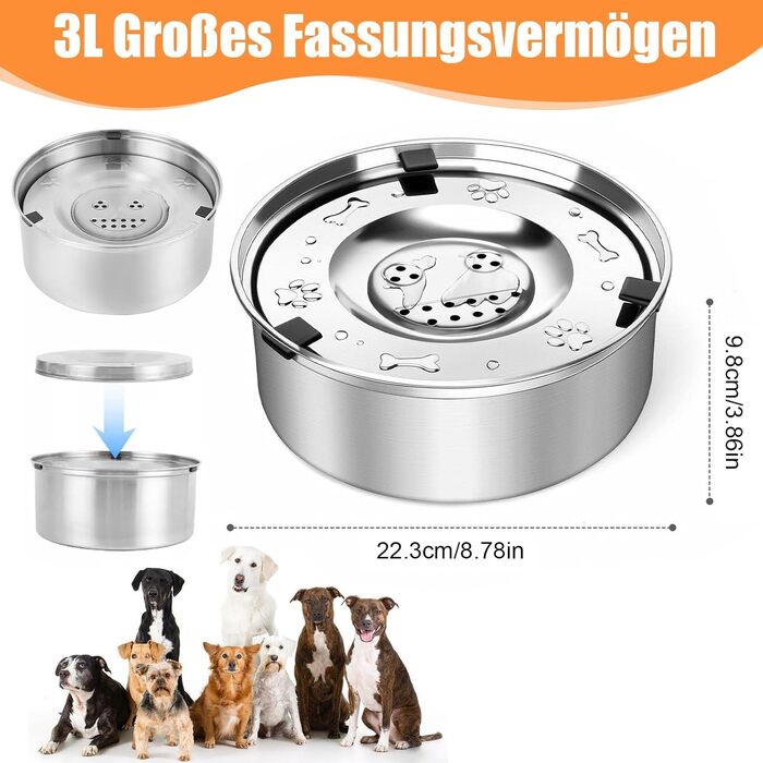 Миска для собак 3L без розливання, нержавіюча сталь, плаваюча годівниця, з неслизьким дном, для цуценят та кошенят, для здорового пиття