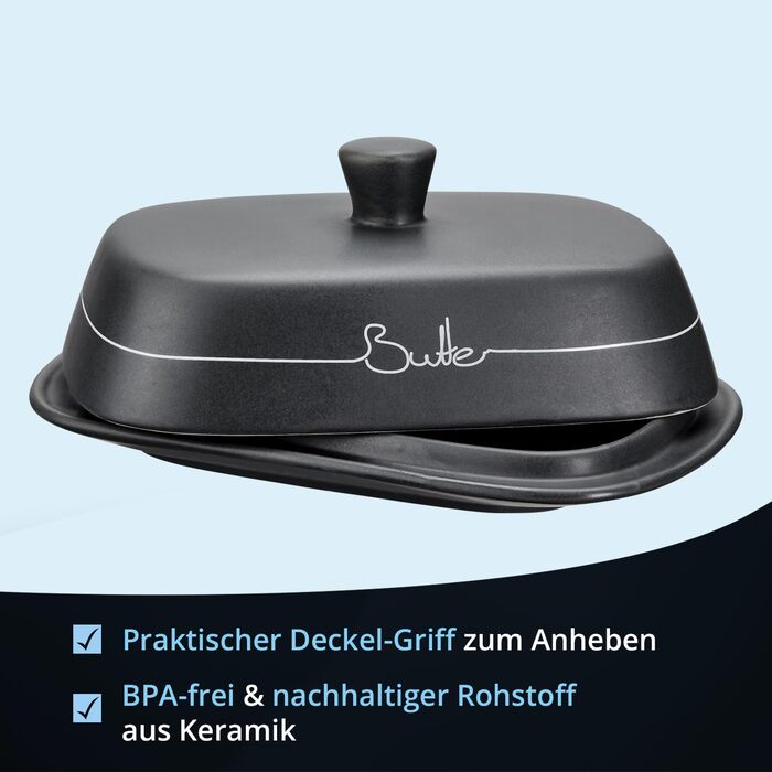 Набір контейнерів для зберігання KHG для кухні антрацитово-сірого кольору з дерев'яною кришкою, контейнери для продуктів з кераміки, з маркуванням, набір органайзерів для кухні, без пластику та світлонепроникні (хлібниця та маслобниця)