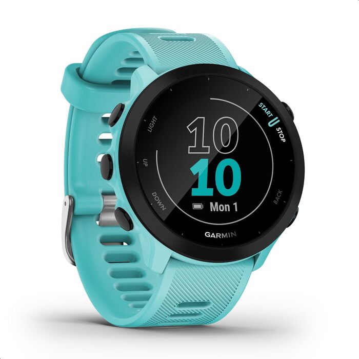 Garmin Forerunner 55 – GPS-годинник для бігу з кольоровим дисплеєм, що завжди активний, щоденними рекомендаціями тренувань, прогнозом часу пробіжки, спортивними функціями та до 14 днів роботи від акумулятора (Блакитний, Single)