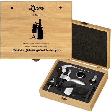 Maverton Personalized Wine Opener Set - Sommelier Set Gift Box - Wooden Box + 6-Piece Wine Accessory Set - Made of Bamboo - Brown - Birthday Gift for Men - (Birthday Wishes)