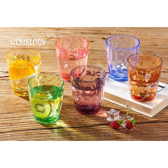 YINJOYI 390ml 6-Piece Set of Glass-Like Water Glasses, Plastic Cups, Drinking Glasses, Tumblers, Highball Glasses, Kids' Juice Glasses, Reusable (6 Colors)