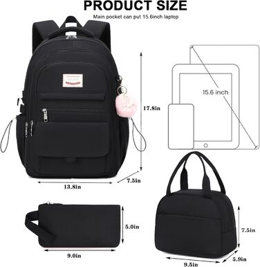 Шкільний рюкзак для підлітків, дівчаток, 3-в-1: рюкзак, ланчбокс, пенал (чорний)