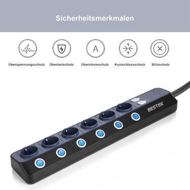 BESTEK Розподільник розеток з 6 розетками, 4 USB, захистом від перенапруги 900 Дж, з вимикачем, синьо-білий, 1.8м кабель