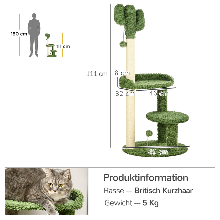 PawHut Дряпак для котів, дизайн кактуса Φ 49 x 111 см з 2 ярусами та іграшковою кулькою, стійкий котячий комплекс для кошенят зеленого кольору