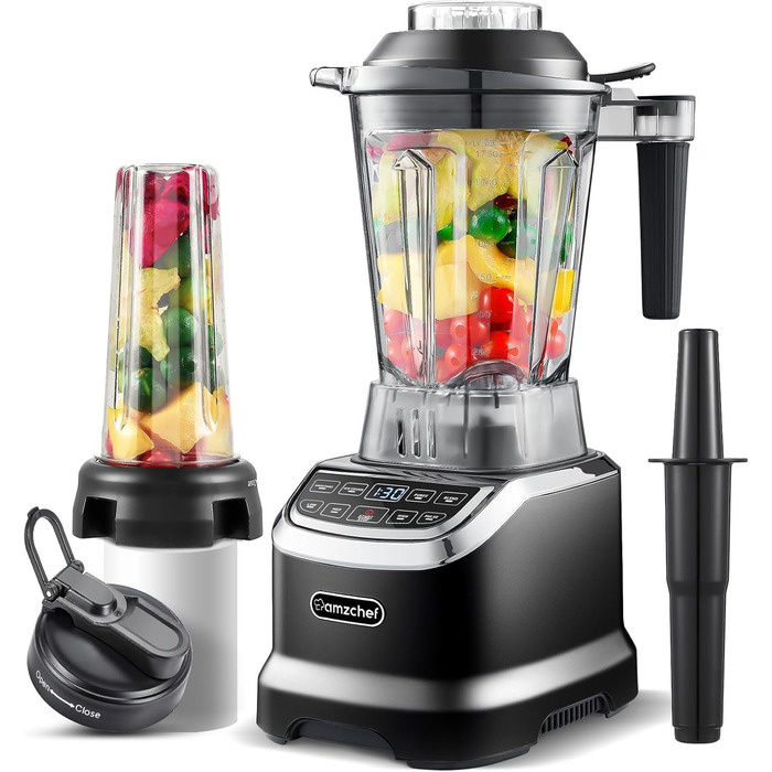 AMZCHEF Mixer Smoothie Maker - 2000W Blender - High-Performance Mixer with LED Timer - 6 Professional 3D Blades - 22000 RPM Stand Mixer - 1.85 Liter Bottle and 600ml Portable Bottle 2000W Black
