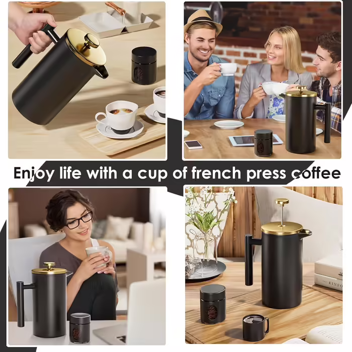 Enfmay French Press Coffee Maker 1L, Stainless Steel Coffee Maker, Portable Coffee Maker with Filter, Double-Walled Insulated French Press, for Travel, Camping, with 100ml Coffee Canister, Black 1000ML Black