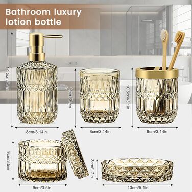 Набір аксесуарів для ванної кімнати з 5 предметів, золото, скло: диспенсер для лосьйону, мильниця, тримач для зубних щіток, стакан, ватні палички. Сучасний дизайн, вінтажний подарунок