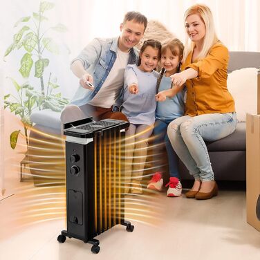 Масляний радіатор COSTWAY 1500W з 7 ребрами, 5-35°C, 3 режими нагріву, термостат, вологозбірник, на колесах (Чорний)
