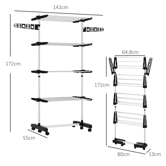 HOMCOM Clothes Drying Rack with Wheels, Clothes Dryer Tower, Stand Dryer with Folding Wing, Clothes Rack for Indoor, Outdoor, Steel 142 x 55 x 172 cm, Black | Aosom