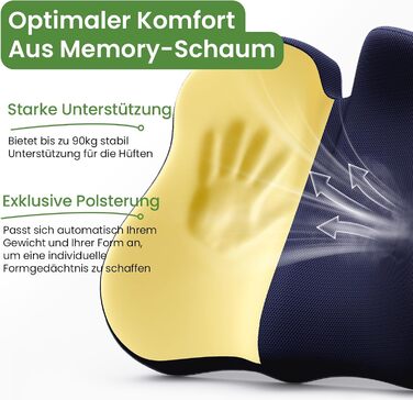 Подушка для сидіння з Memory Foam для куприкового болю, ергономічна подушка Coccyx для офісу, дому, авто та інвалідного візка. Нековзна основа, блакитна.