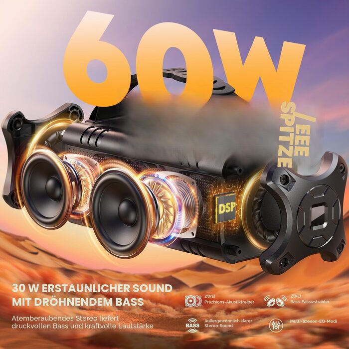 W-KING Bluetooth колонка 30W IPX6 портативна, з басом, 24 год, TF/USB/AUX, для вечірок та кемпінгу