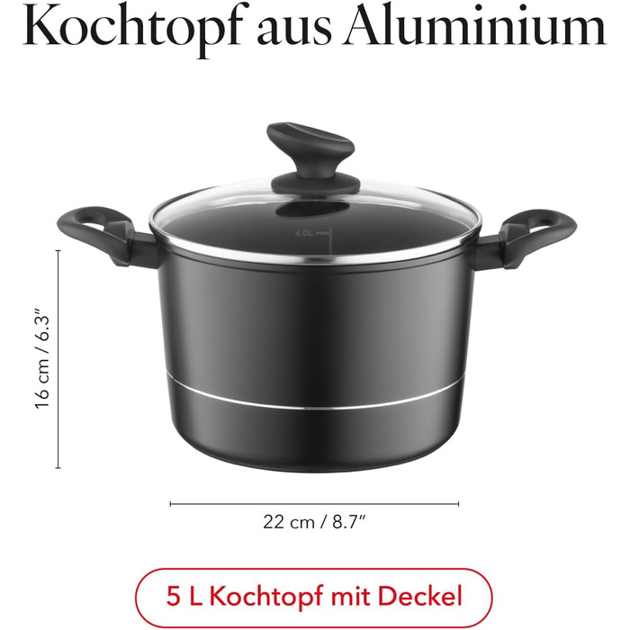 Каструля Florina Aluminium Topf 5 л з нержавіючою сталлю, 22 см з кришкою з термостійкого скла, мірна склянка, антикцарапаюче покриття, каструля з індукційним дном, підходить для індукційних, газових та електричних плит (чорна)