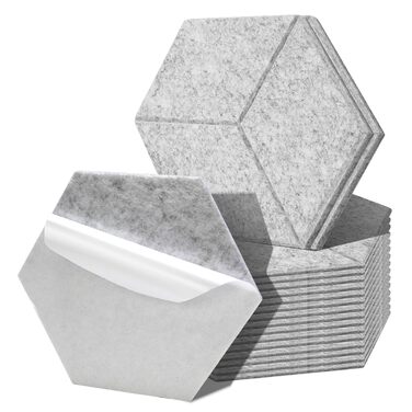 Акустичні гексагональні панелі Fiqops самоклеючі, звукопоглинаючі шестикутні плити для шумоізоляції стін, студії та дому, срібляво-сірі (18 шт, 30x26x0.9 см)