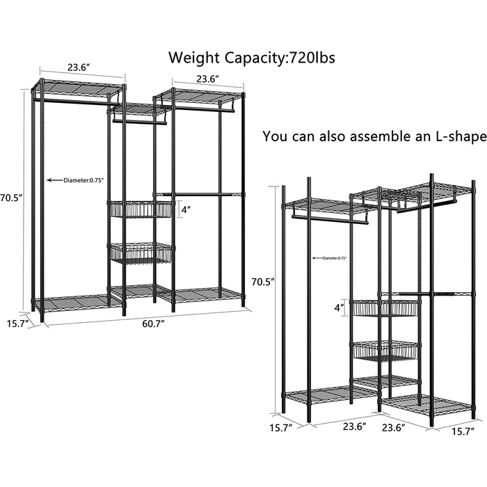Heavy-Duty Clothes Rack, Garment Rod, Wardrobe, Freestanding Clothes Rail with Height-Adjustable Shelves and Storage Baskets, Load Capacity up to 320 kg, White (Black)
