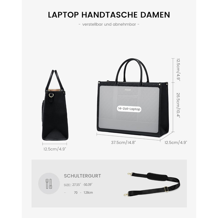 Сумка для ноутбука LOVEVOOK жіноча водонепроникна для роботи, університету, офісу (14 дюймів, чорна). Бізнес-сумка, шоппер, портфель, сумка для вчительки зі шкіри