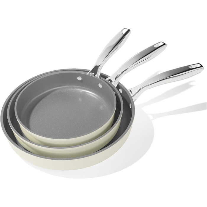 Набір сковорідок Koch Kode з керамічним покриттям 20/24/28 см, з нержавіючою ручкою, для індукційних плит, без PTFE та PFOA, придатні для миття в посудомийній машині та випікання, бежевий