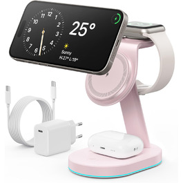 Бездротова зарядка 3-в-1 з MagSafe, USB-C, для iPhone 16/15/14/13/12, Apple Watch та AirPods, з нічним світлом (Рожева)