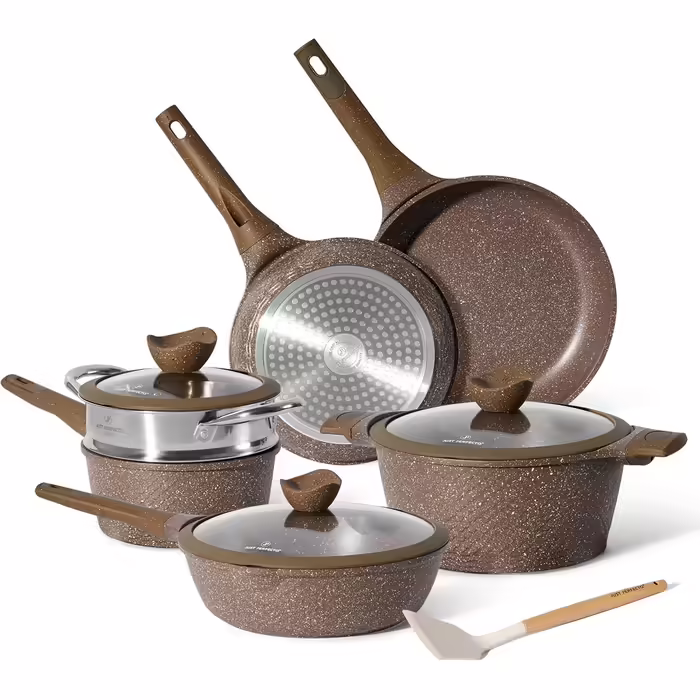 JUST PERFECTO Cookware Set & Frying Pan Set Induction - Frying Pan Set with Lid - Pots & Pans Sets - Pots and Pans Set without PTFE and PFOA - Aluminum Cookware Set with Non-Stick Coating 14 pcs marron beige