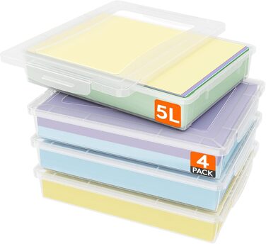 Lifewit 4 Pack 5L Storage Boxes with Lids, Plastic Boxes with Clip Closures, A4 Document Boxes, Transparent Organizers, Multi-Purpose Boxes for Crafts, Paper, Art Supplies, Building Blocks, Tools