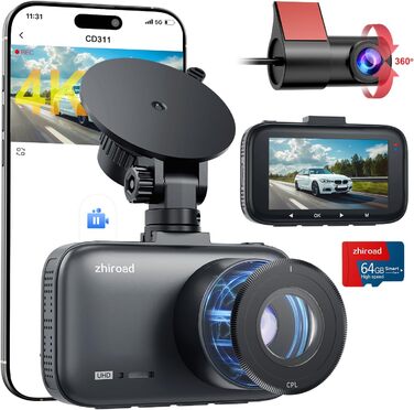 Відеореєстратор Dashcam 4K Dual з CPL фільтром, WiFi, 64GB SD, IPS 3