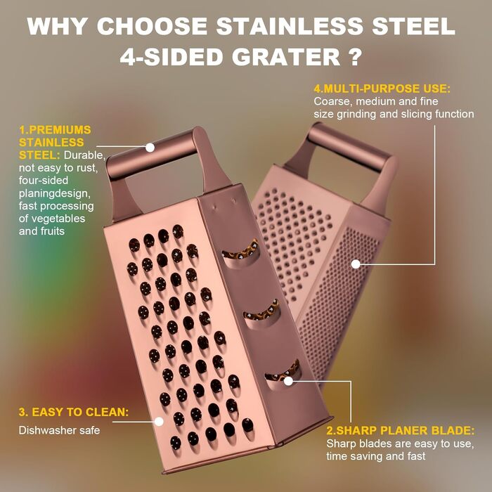 Нержавійна тертка YDware для овочів, квадратна, 23,7 см, рожеве золото