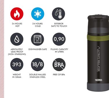 THERMOS MOUNTAIN BEVERAGE BOTTLE 0.9L, Black, Stainless Steel Thermos Flask with Drinking Cup, 24h Hot / 24h Cold, Lightweight Outdoor Bottle, Robust, Disassemblable Lid, BPA-Free