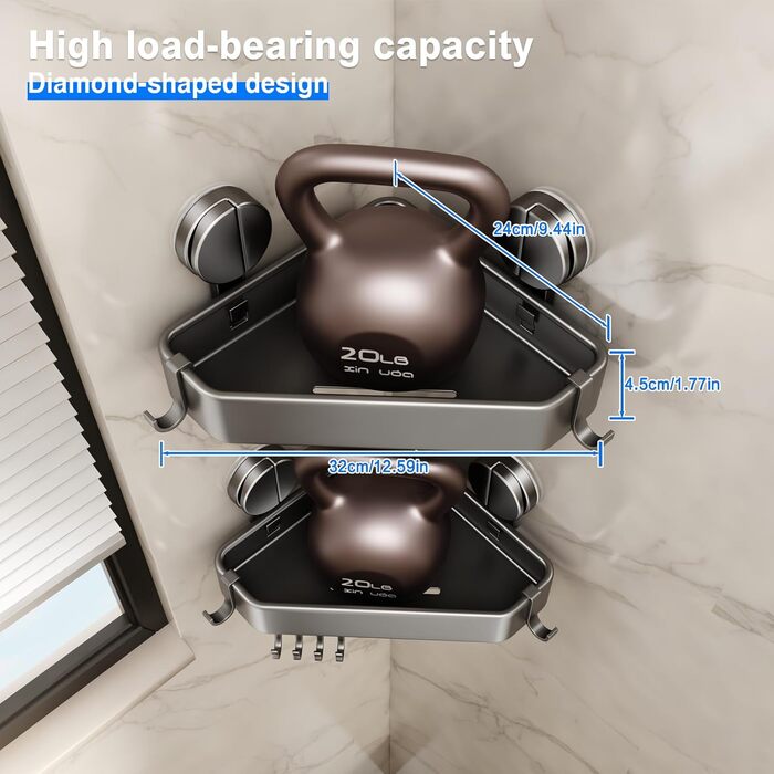 Поличка для душу без свердління, кутова поличка для ванної кімнати з присосками, корзина для душу з тримачем для рушників та знімними гачками (2 шт., сіра)