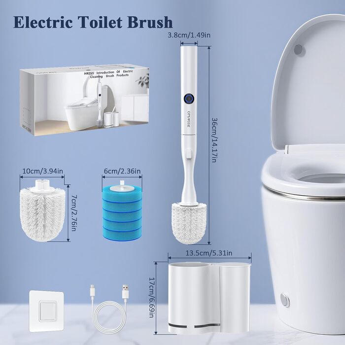 Електрична щітка для унітазу Redagod з настінним кріпленням, подвійним контейнером та змінною насадкою (5 одноразових серветок) з бризкозахистом, 1 шт.