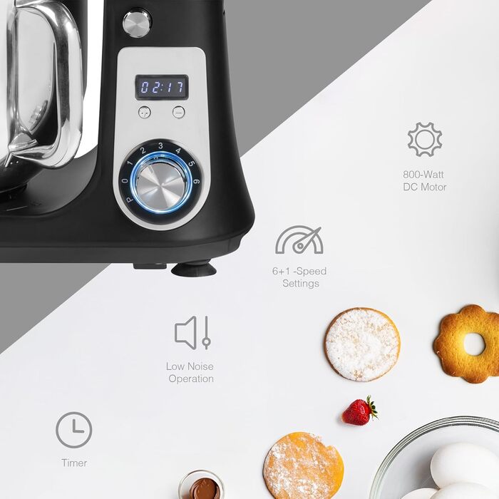 Кухонна машина Bestron Super Silent (65db) з DC-двигуном, 6 літрів, з набором насадок (крюк, вінчик, гак для тіста), 6 швидкостей + Pulse, матова чорна