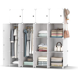 HOMIDEC Wardrobe, Portable Shelving System, 20 Cube Closet Made of Plastic with 2 Clothes Rails, Bedroom Wardrobe Closet White for Bedroom, 180 x 142 x 45cm (16 cube, All White)