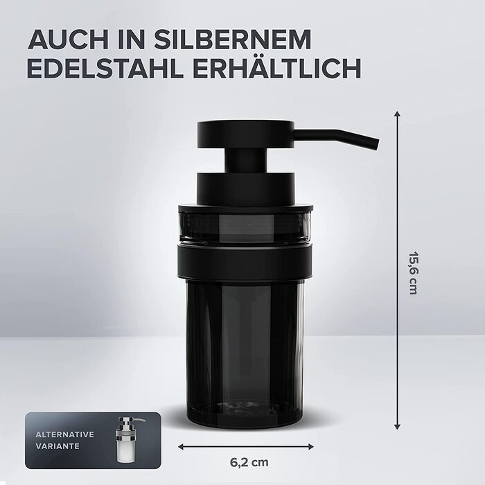 ovimar Soap Dispenser Lokta | black | with drillable wall mount | made of stainless steel and black glass | extra large opening for easy refilling | for bathroom or kitchen | hand sanitizer dispenser