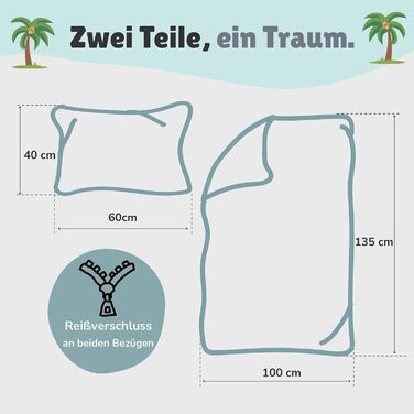 Дитяча постільна білизна (2 шт.) з 100% бавовни Oeko-Tex: ковдра 100x135 см та подушка 40x60 см. Зручна дитяча постіль з блискавкою, дихаюча, регулює температуру, з зображенням динозаврів.