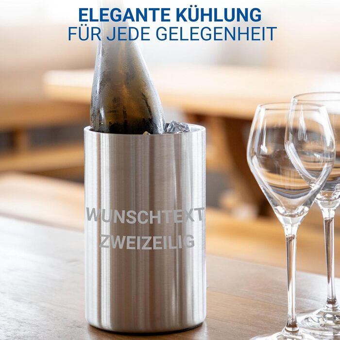 Персоналізований охолоджувач для пляшок 'Chill' - двостінний охолоджувач для вина з нержавіючої сталі - охолоджувач для вина, шампанського, пива - подарунок для поціновувачів вина, друзів, батьків, колір: срібло + індивідуальний текст