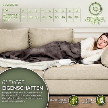 Електрична ковдра Sinnlein® з автовимкненням 200x180 см | 9 температурних режимів | Ковдра для ліжка та дивана | Таймер, цифровий дисплей, світло-коричнева