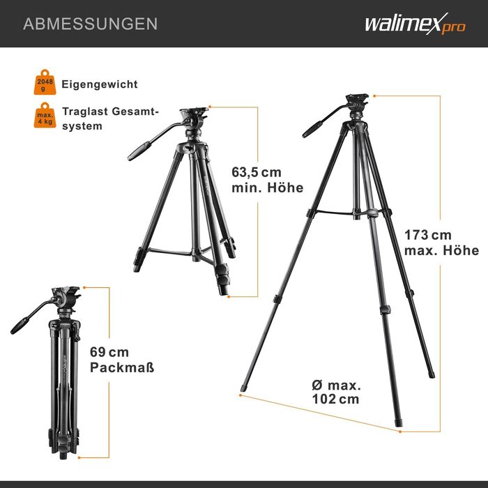 Відеоштатив Walimex pro Advanced 173 SH для DSLR камер, камкордерів та смартфонів, макс. навантаження 4 кг, з тримачем для телефону та сумкою