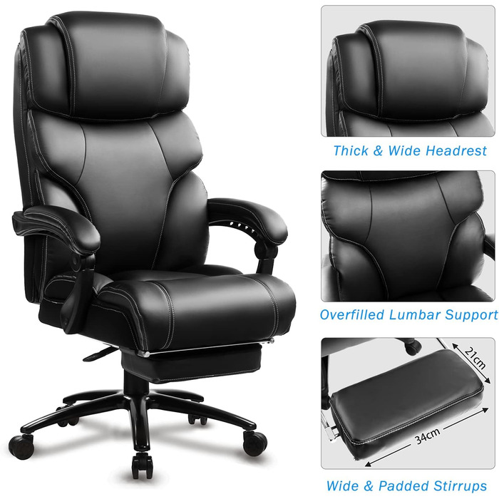 KCREAM Ergonomic Leather Office Chair with Footrest - High Back Executive Desk Chair, Adjustable Armrests, Swivel, Height Adjustable (Black)