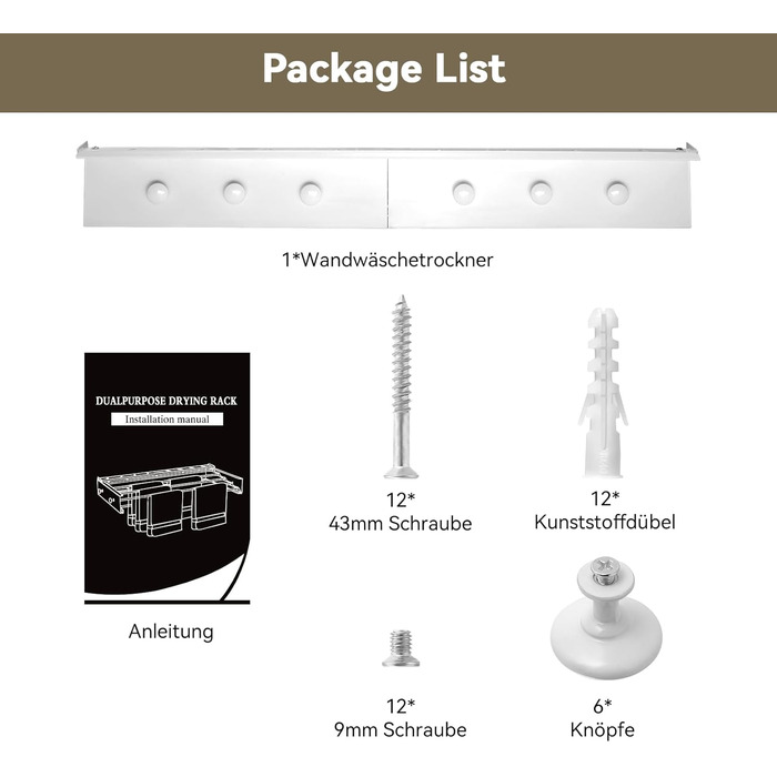 Настінна сушилка для білизни Donken, 80 см, розширювана, для ванної, балкону, тераси, біла