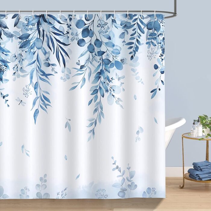 Шторка для душу Bonhause з зеленими листками та рослинами, 180 x 180 см, антигрибкова, водонепроникна, з поліестеру, придатна для прання, для ванної кімнати, з 12 гачками (180 x 180 см, 1 шт.), блакитна Евкаліптус