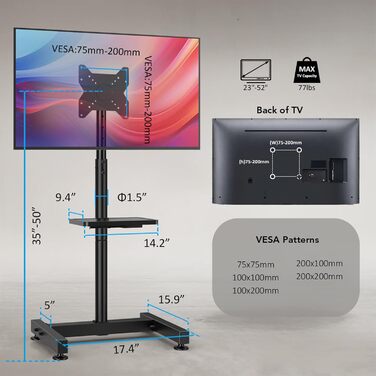 Підставка для телевізора на підлозі, роликова, для плазмових/LCD/LED телевізорів 23-60 дюймів, з полицею для ноутбука, регульована по висоті, до 40 кг, VESA 400x400 мм (без шківів)
