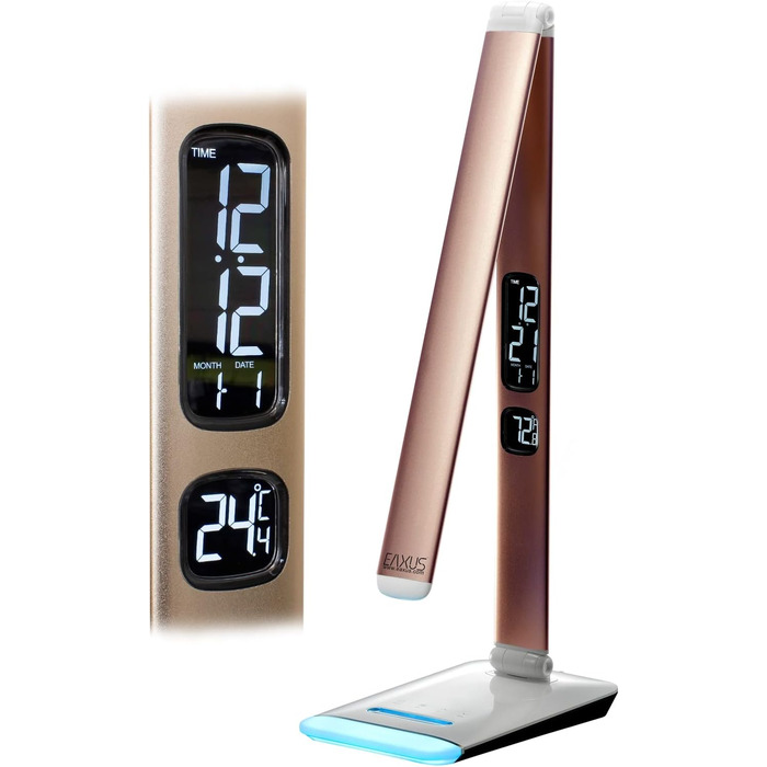 LED лампа Eaxus® для робочого столу 12 Вт з RGB підсвічуванням - регульована настільна лампа 500 lm, сенсорне управління, годинник, календар та індикатор температури, офісна лампа, аксесуари для столу, мідного кольору