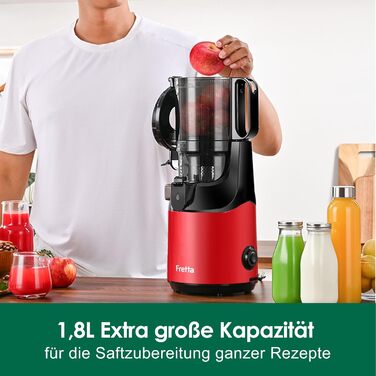 Fretta Slow Juicer with 135mm Opening, Juicer for Vegetables and Fruit Test Winner, 250W Breastfeeding Juicer with Cold Press, Easy Cleaning & Powerful Motor, BPA-free (Red, 1.8L) 1.8L Red