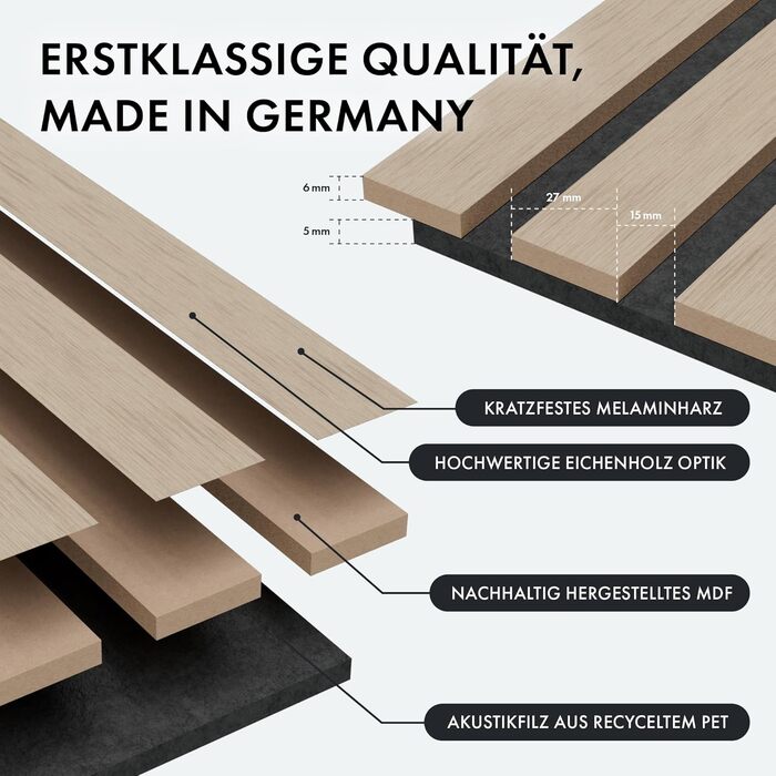 Акустична панель Momento з натурального дуба 240x50 см, 3D ламелі для шумоізоляції стін, колір дуб натуральний, чорний фліс (Made in Germany)