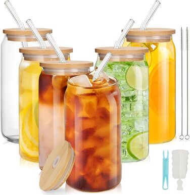 ZgoEC 16oz Cocktail Glasses Set, Drinking Glasses with Lid and Straw, 6pcs Can-Shaped Highball Glasses Set, Glasses with Lid and Straw, Coffee Cups Glass Cups with Straw, Gift
