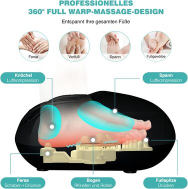 Електричний масажер для ніг KNQZE з підігрівом, Shiatsu масаж, для фасціїту та нейропатії, підходить для розміру ноги до 46, чорний