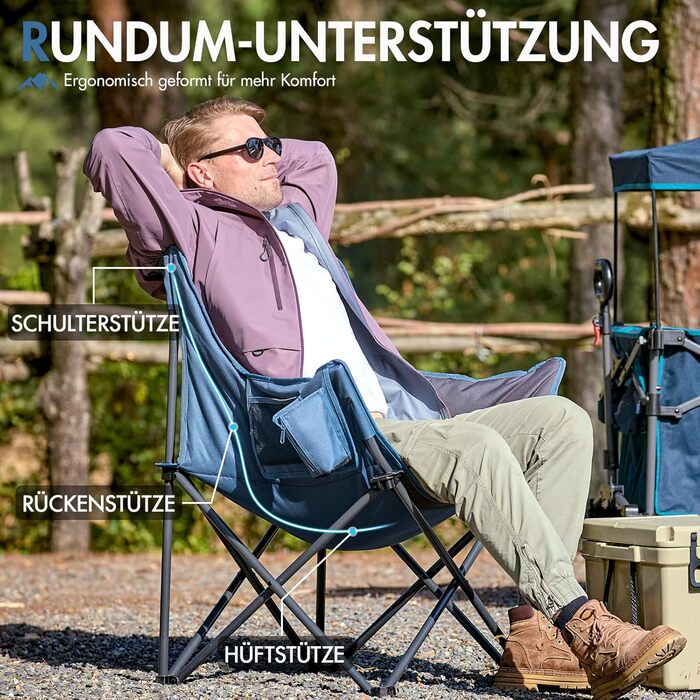 Крісло для кемпінгу складне, XXL, з підлокітниками, 150 кг, блакитне