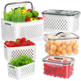 4-Pack Refrigerator Organizer – Vegetable Storage & Organization, stackable with strainer, lid and handle for the kitchen – Fridge Organizer for refrigerator storage