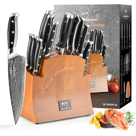 Nanfang Brothers 18-Piece Damascus Kitchen Knife Set with Hammered Handles & Wood Block - Premium Quality Steel Blades